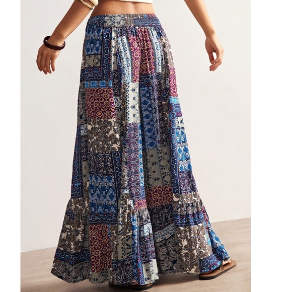 Boho Colorful Print Patchwork Wide leg Palazzo Pants - Picture 3 of 5